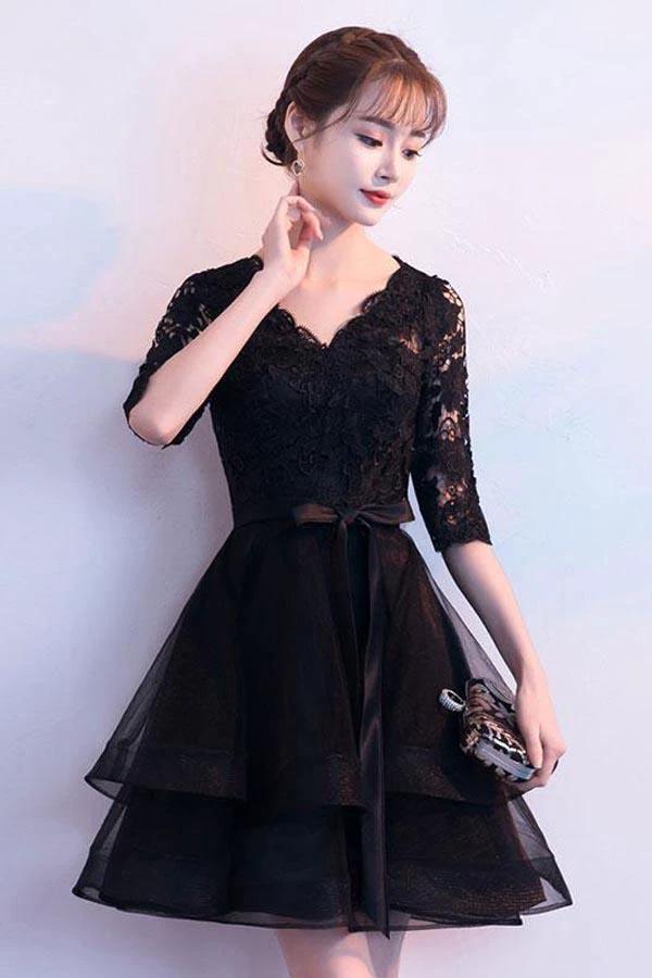 Black V Neck Lace Tulle Short Prom Dress Black Homecoming Dress PD150 by pgmdress