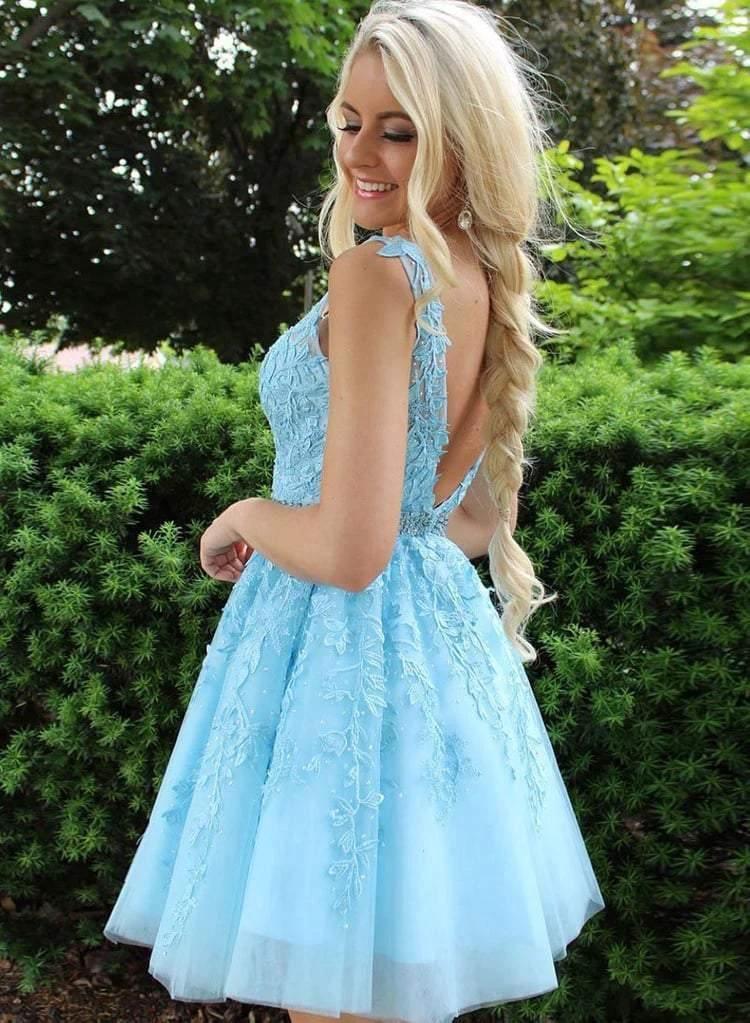 Blue Appliques Beaded Sleeveless A Line Tulle Short Homecoming Dresses PD255 by pgmdress