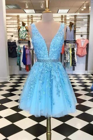 Blue Appliques Beaded Sleeveless A Line Tulle Short Homecoming Dresses PD255 by pgmdress