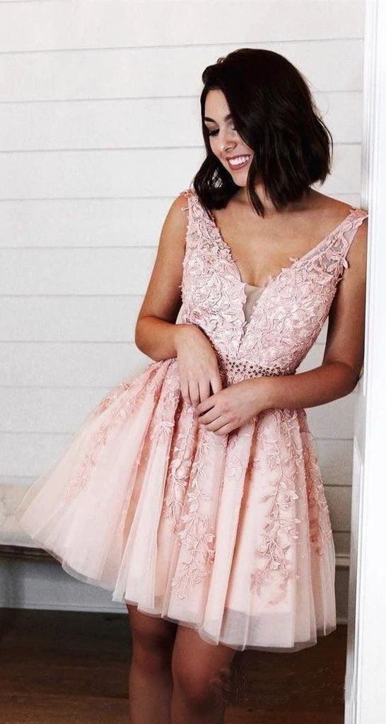 Blue Appliques Beaded Sleeveless A Line Tulle Short Homecoming Dresses PD255 by pgmdress