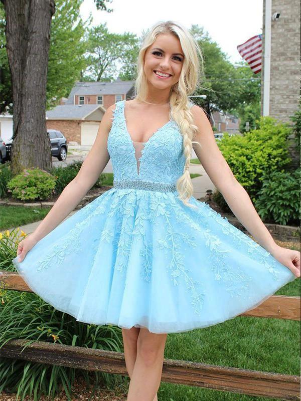 Blue Appliques Beaded Sleeveless A Line Tulle Short Homecoming Dresses PD255 by pgmdress