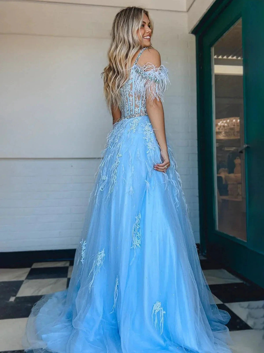Amalia |A line V Neck Lace Tulle Prom Dress with Beading and Feather by KissProm