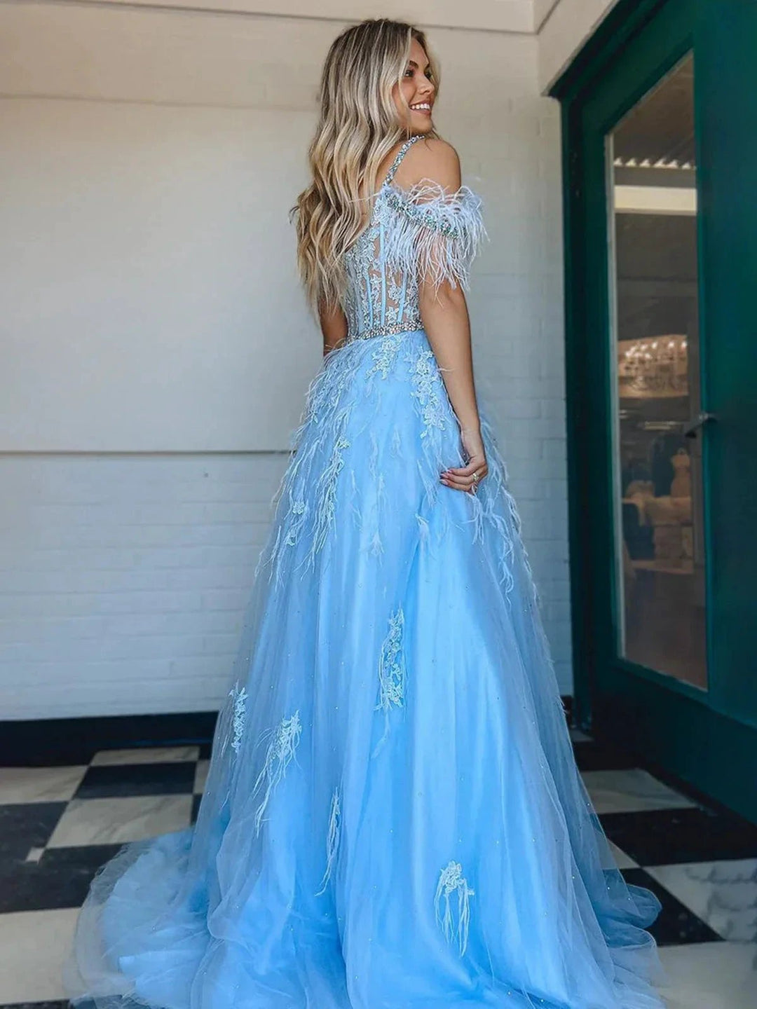 Amalia |A line V Neck Lace Tulle Prom Dress with Beading and Feather by KissProm