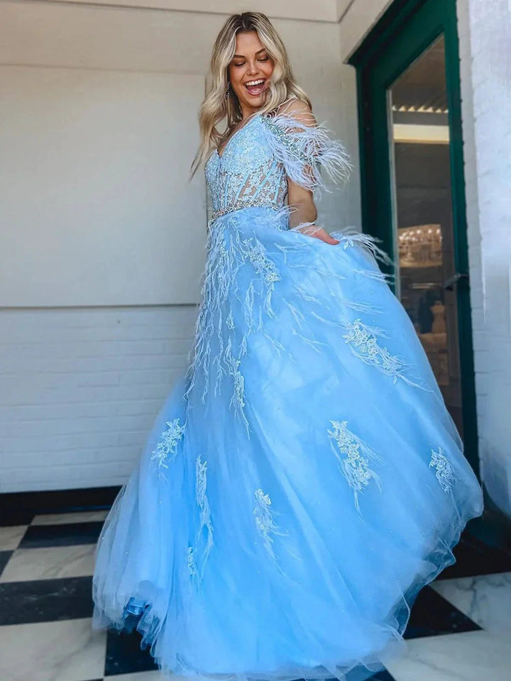 Amalia |A line V Neck Lace Tulle Prom Dress with Beading and Feather by KissProm