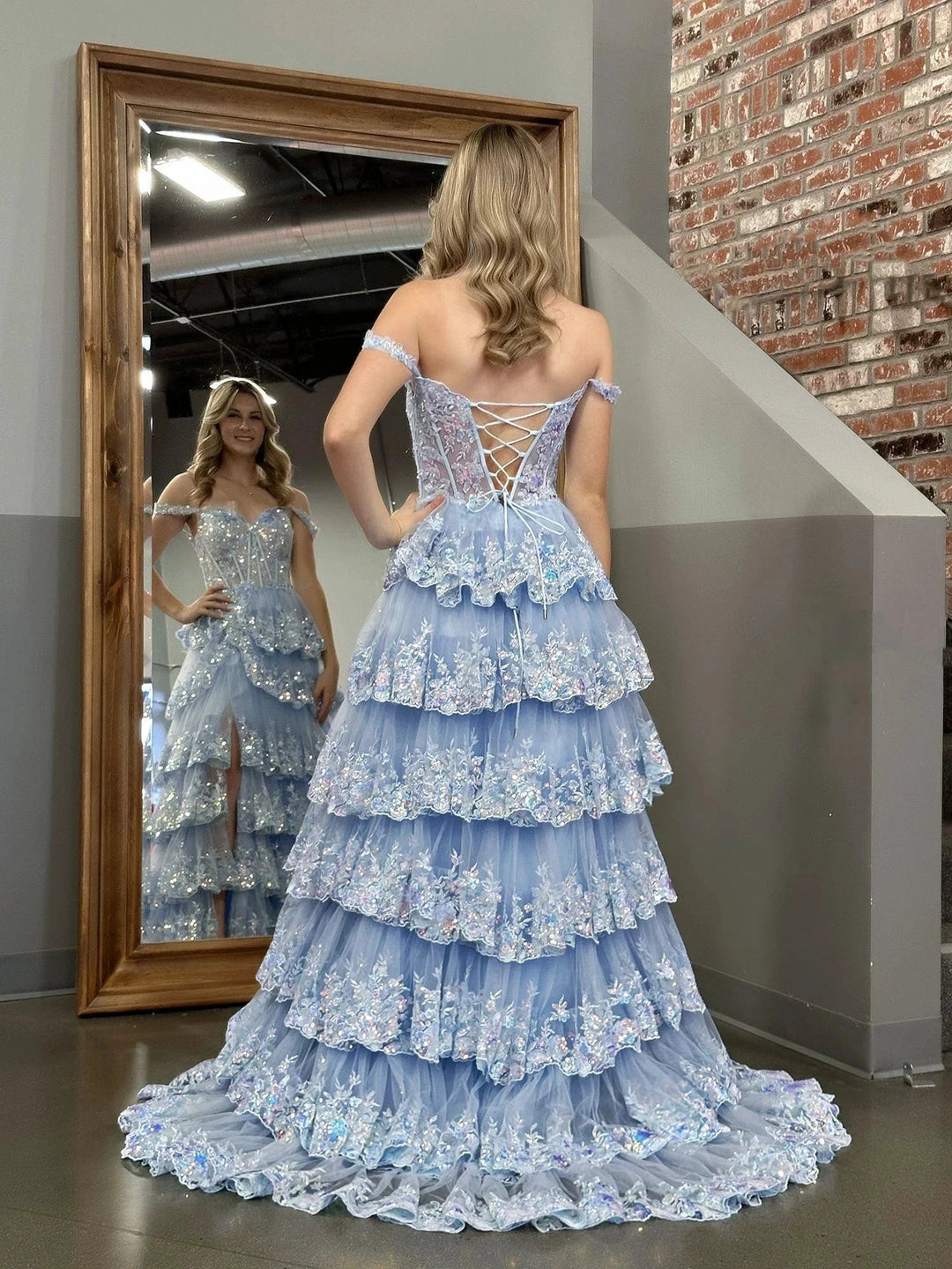 Capri | Blue Crystal Sequins Princess A Line Off the Shoulder Prom Dress with Lace Ruffles by KissProm