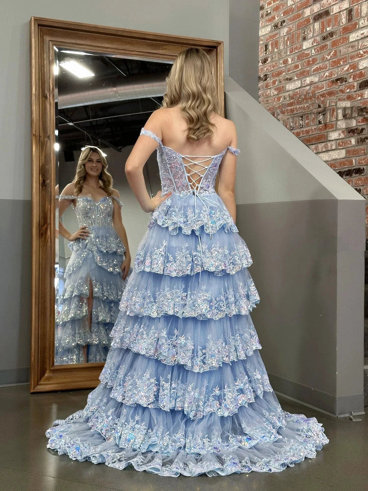 Capri | Blue Crystal Sequins Princess A Line Off the Shoulder Prom Dress with Lace Ruffles by KissProm