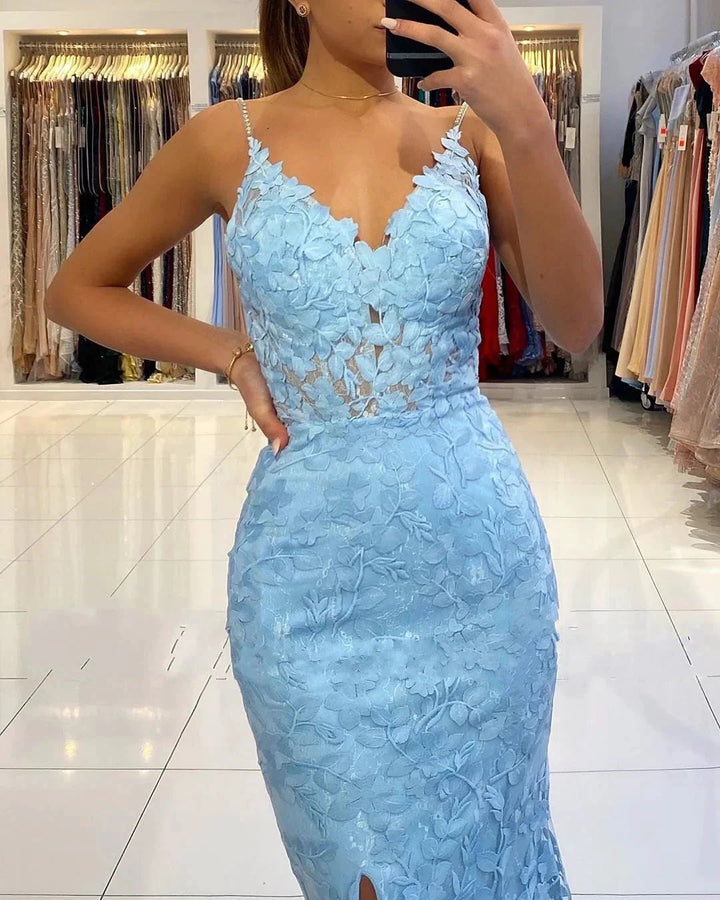 Blue Long V-neck Open Back Lace Mermaid Prom Dress with slit by BIZTUNNEL