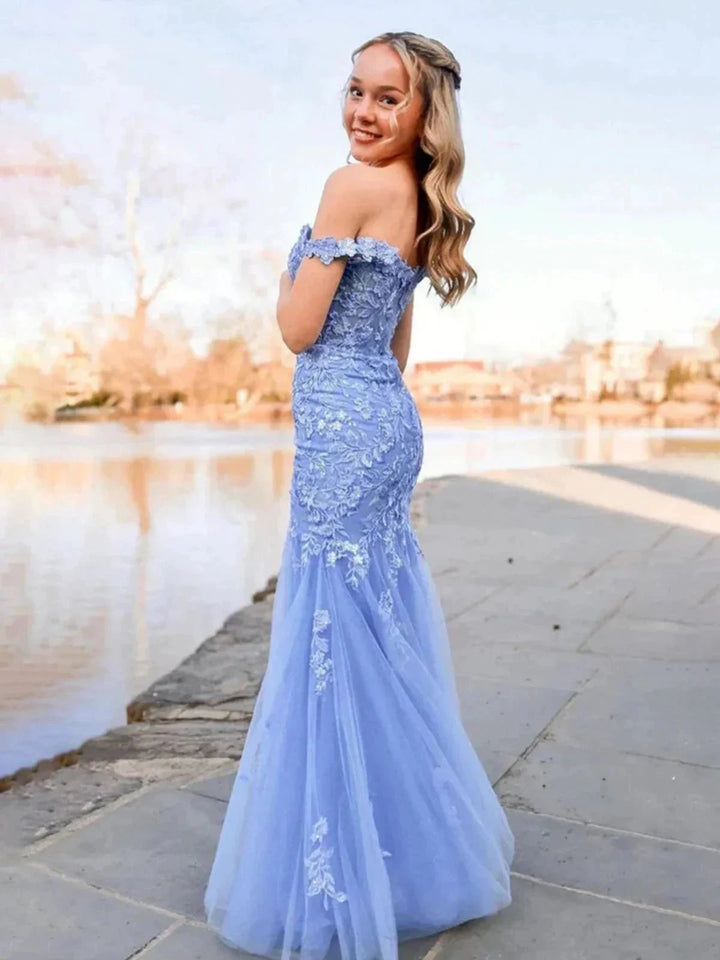 Blue Off the Shoulder Tulle Mermaid Prom Dresses with Appliques by KissProm