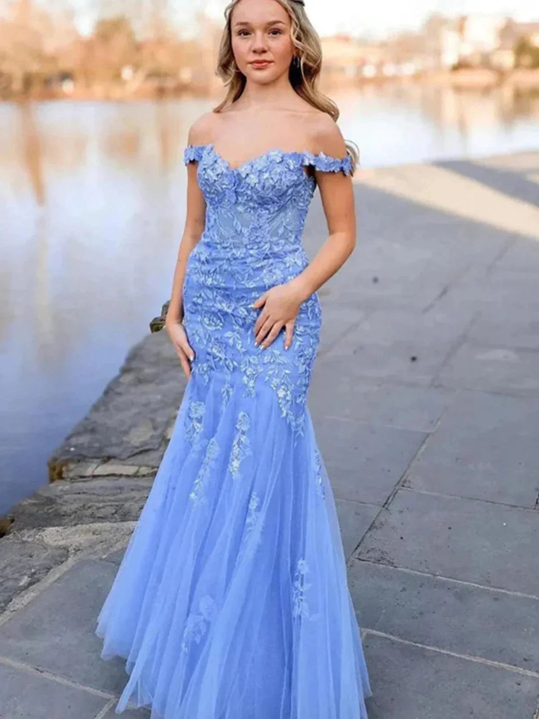 Blue Off the Shoulder Tulle Mermaid Prom Dresses with Appliques by KissProm