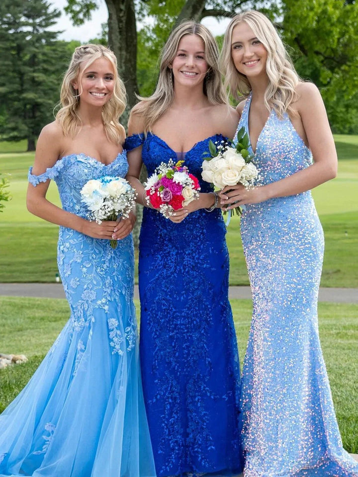 Blue Off the Shoulder Tulle Mermaid Prom Dresses with Appliques by KissProm