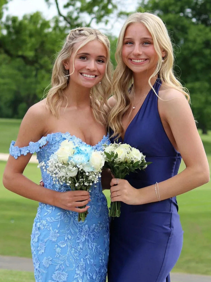 Blue Off the Shoulder Tulle Mermaid Prom Dresses with Appliques by KissProm