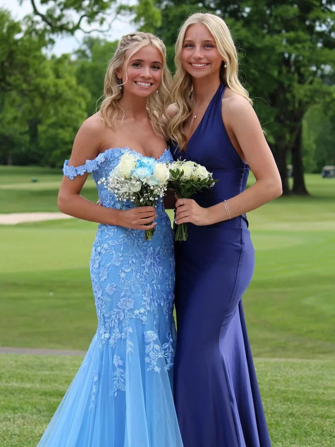 Blue Off the Shoulder Tulle Mermaid Prom Dresses with Appliques by KissProm