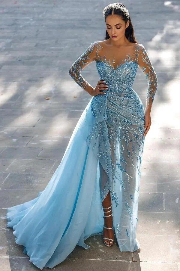 Modest Long Mermaid Sweetheart Sparkle Front Slit Prom Dress with Sleeves by BIZTUNNEL