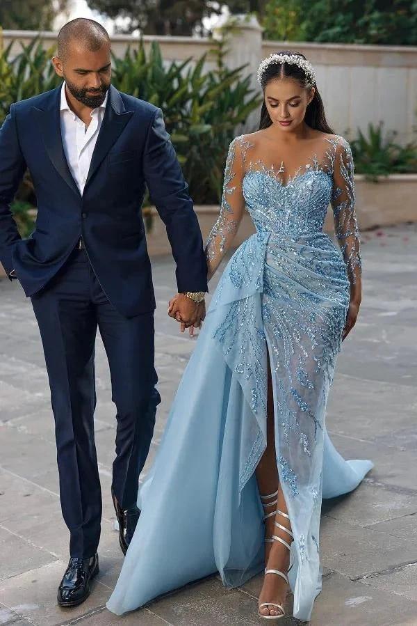 Modest Long Mermaid Sweetheart Sparkle Front Slit Prom Dress with Sleeves by BIZTUNNEL