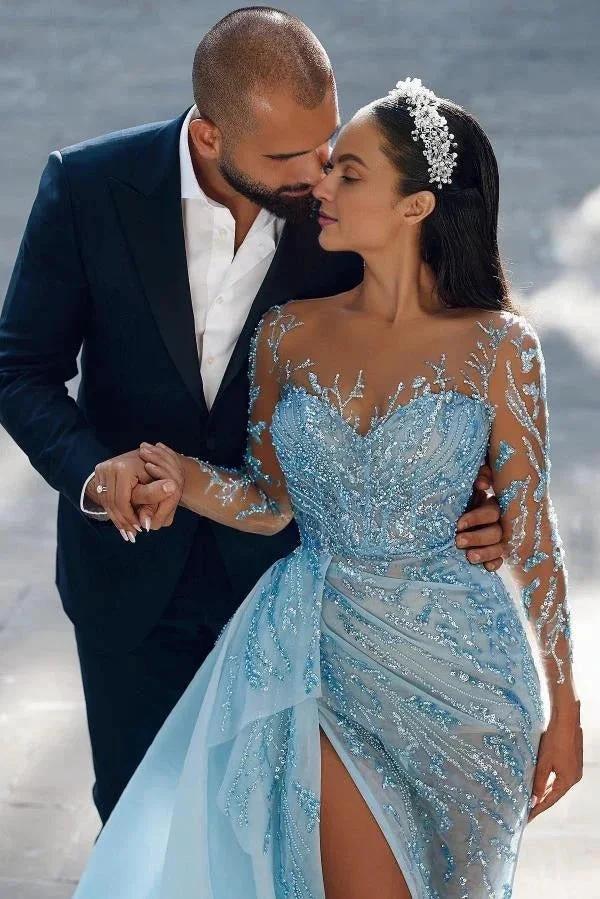Modest Long Mermaid Sweetheart Sparkle Front Slit Prom Dress with Sleeves by BIZTUNNEL