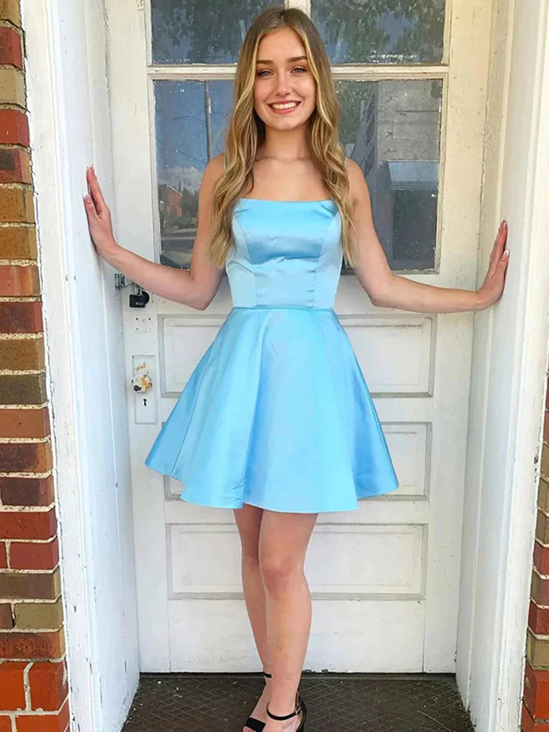 Blue Short A-line Strapless Open Back Prom Homecoming Dresses by BIZTUNNEL