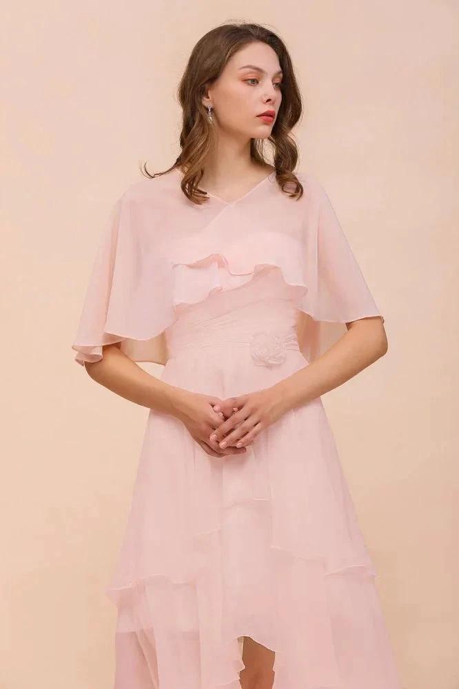 Blushing Pink Bridesmaid Dress Knee Length Simple Chiffon Girls Party Dress with Wraps by misshow.com