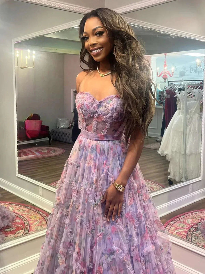 Bobbie | A-Line Sweetheart Purple Floral Print Ruffle Long Prom Dress by KissProm