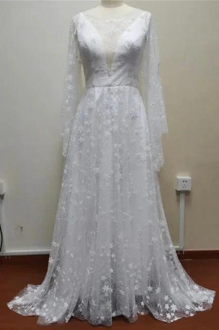 Boho A-Line Long Sleeves Backless Wedding Dresses With Lace by misshow.com