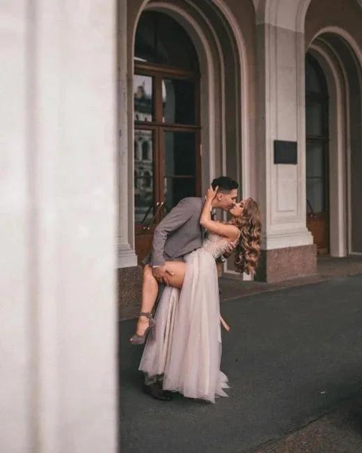 Boho A-line V-Neck Slit Wedding Dresses with Lace by misshow.com