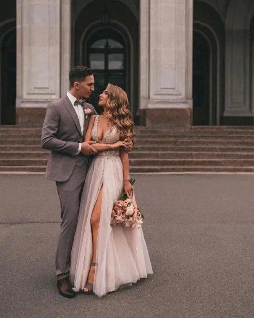 Boho A-line V-Neck Slit Wedding Dresses with Lace by misshow.com