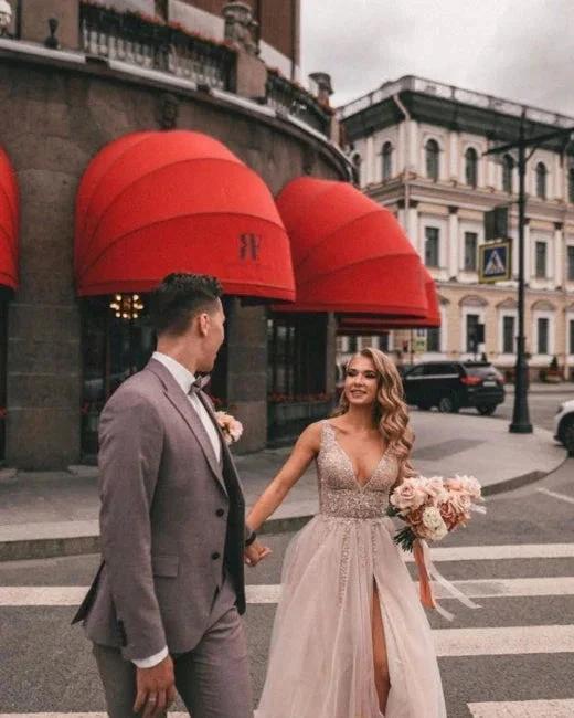 Boho A-line V-Neck Slit Wedding Dresses with Lace by misshow.com