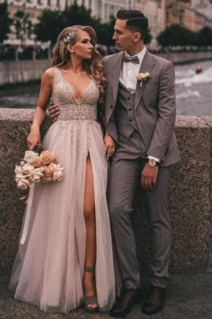 Boho A-line V-Neck Slit Wedding Dresses with Lace by misshow.com
