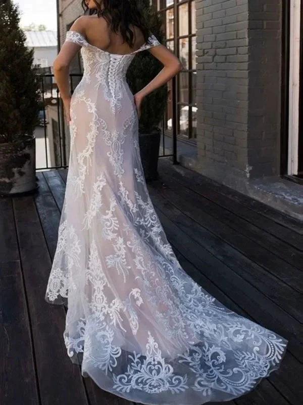 Boho Elegant Wedding Dresses Mermaid Off The Shoulder Customized Lace Short Sleeve Floor Length Bridal Gown With Sweep Train by misshow.com