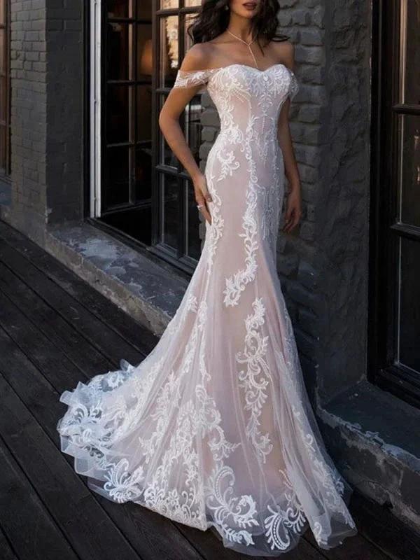 Boho Elegant Wedding Dresses Mermaid Off The Shoulder Customized Lace Short Sleeve Floor Length Bridal Gown With Sweep Train by misshow.com