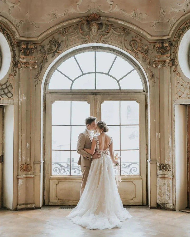 Boho Long A-line Tulle Wedding Dress with Lace Appliques by BIZTUNNEL