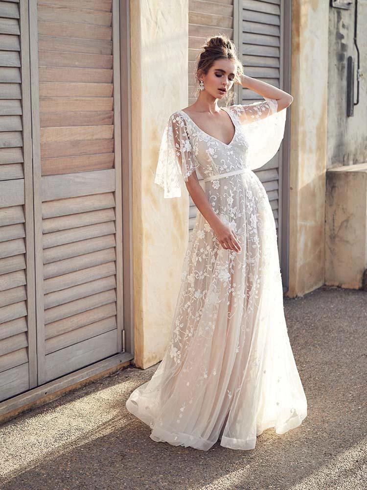 Boho Long A-line V Neck Lace Tulle Wedding Dresses with Sleeves by BIZTUNNEL
