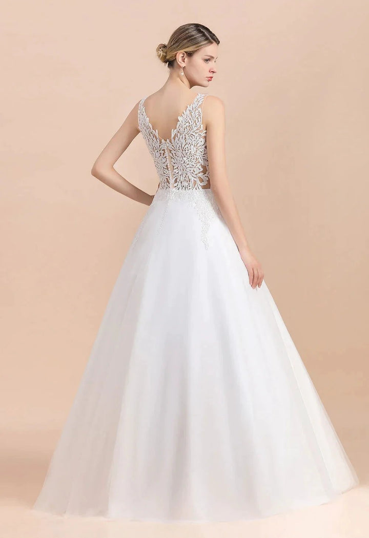 Boho Long A-line V-Neck Straps Tulle Appliques Lace Wedding Dress by BIZTUNNEL