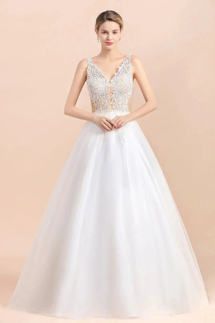 Boho Long A-line V-Neck Straps Tulle Appliques Lace Wedding Dress by BIZTUNNEL