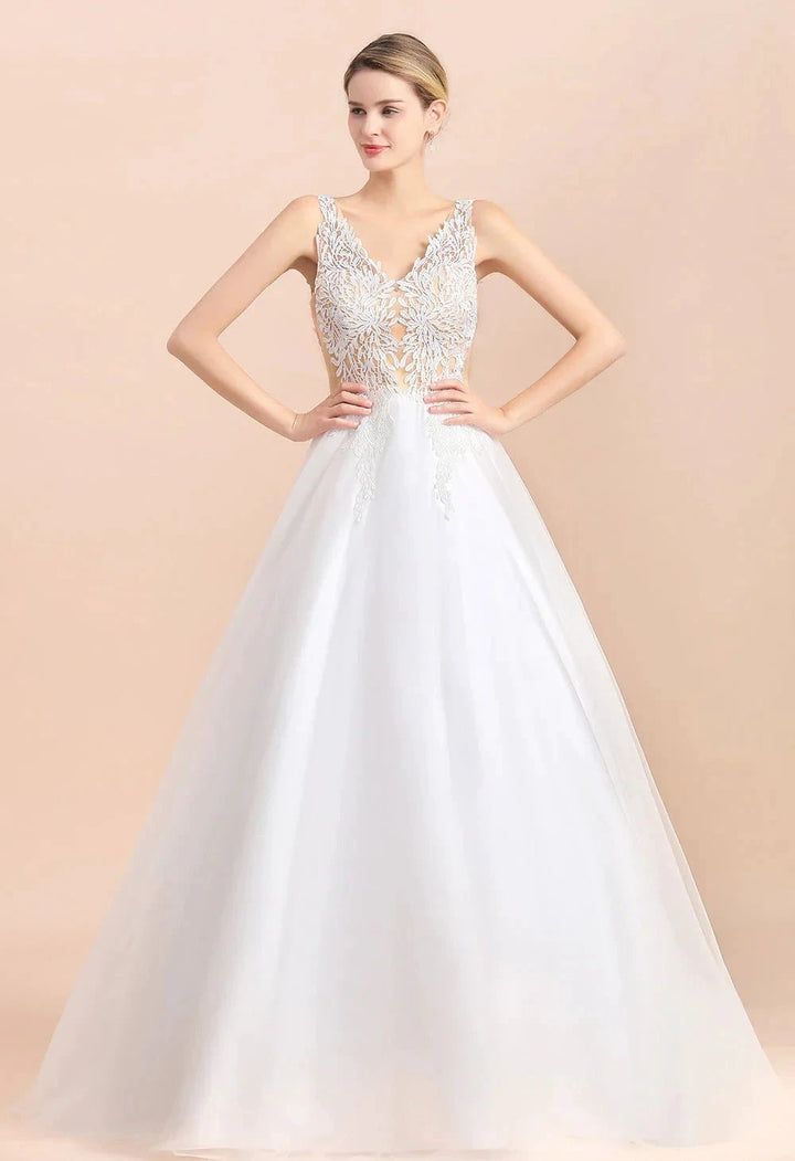 Boho Long A-line V-Neck Straps Tulle Appliques Lace Wedding Dress by BIZTUNNEL