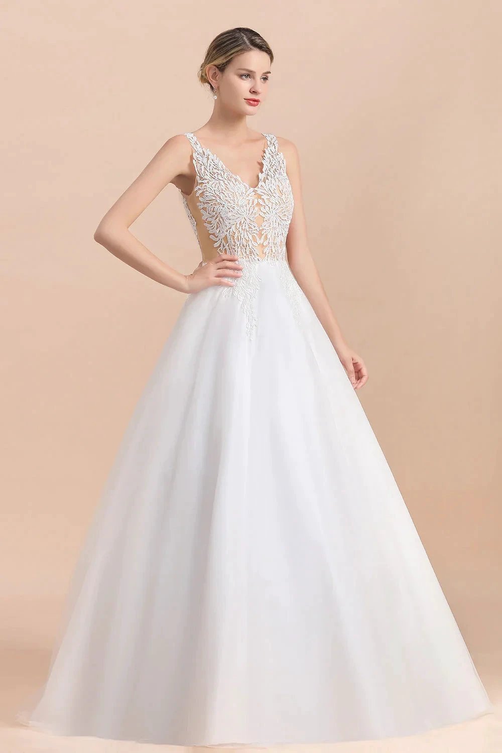 Boho Long A-line V-Neck Straps Tulle Appliques Lace Wedding Dress by BIZTUNNEL
