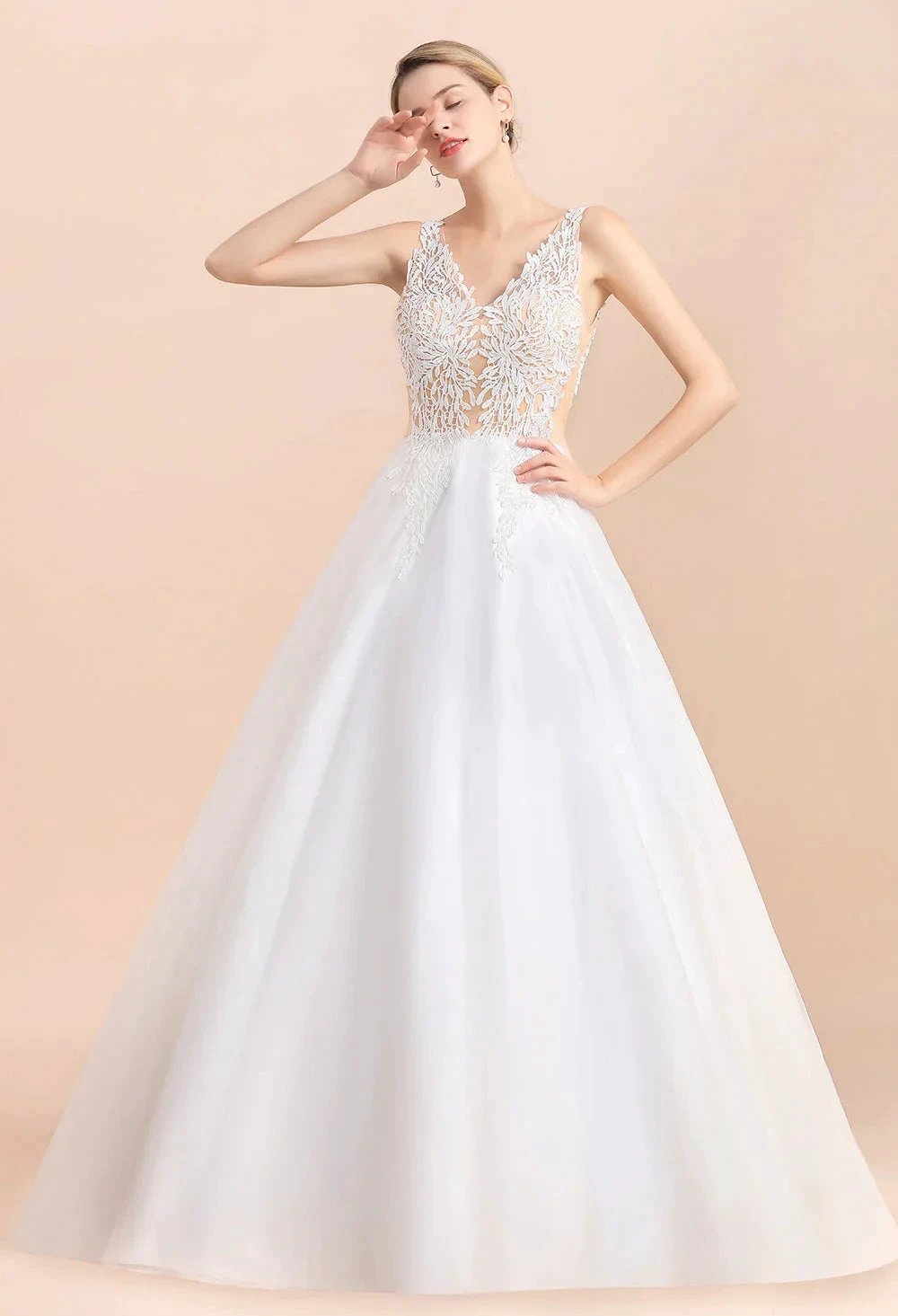 Boho Long A-line V-Neck Straps Tulle Appliques Lace Wedding Dress by BIZTUNNEL