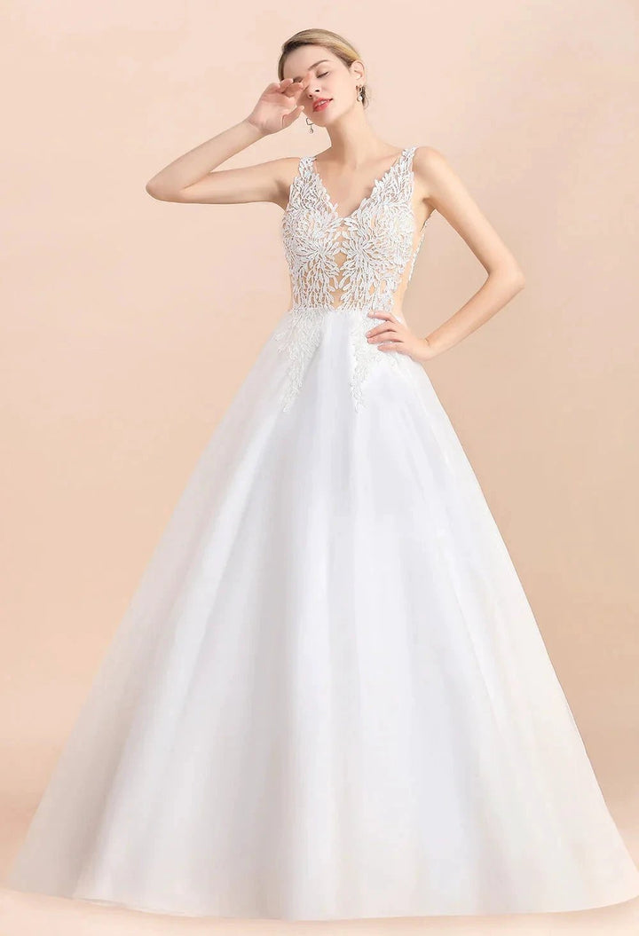 Boho Long A-line V-Neck Straps Tulle Appliques Lace Wedding Dress by BIZTUNNEL