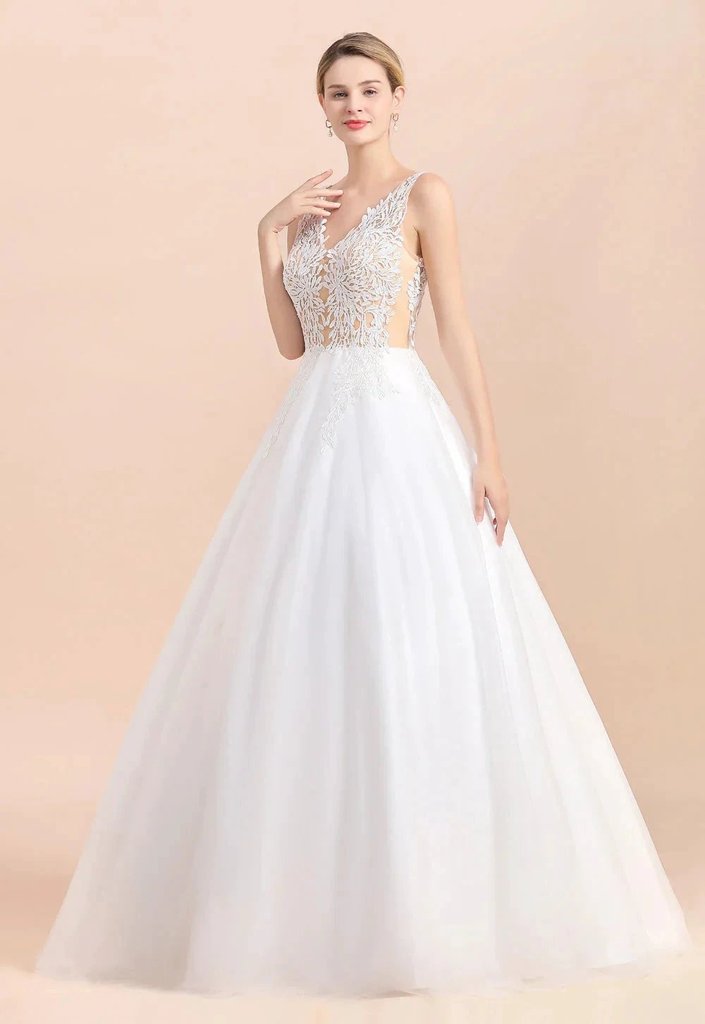 Boho Long A-line V-Neck Straps Tulle Appliques Lace Wedding Dress by BIZTUNNEL