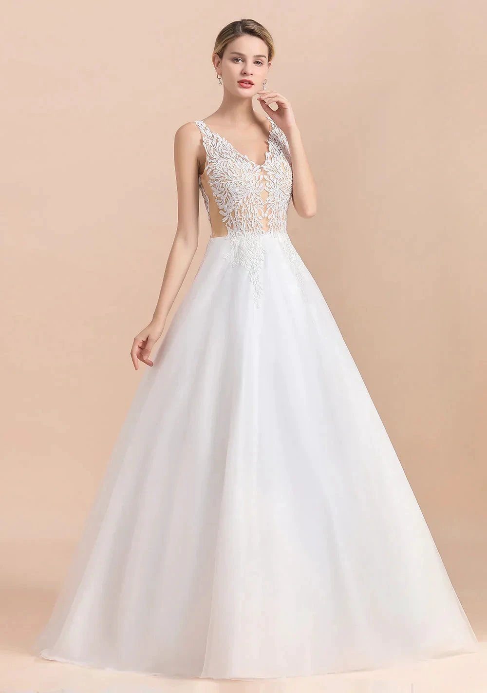 Boho Long A-line V-Neck Straps Tulle Appliques Lace Wedding Dress by BIZTUNNEL