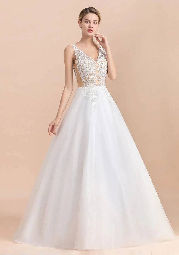 Boho Long A-line V-Neck Straps Tulle Appliques Lace Wedding Dress by BIZTUNNEL