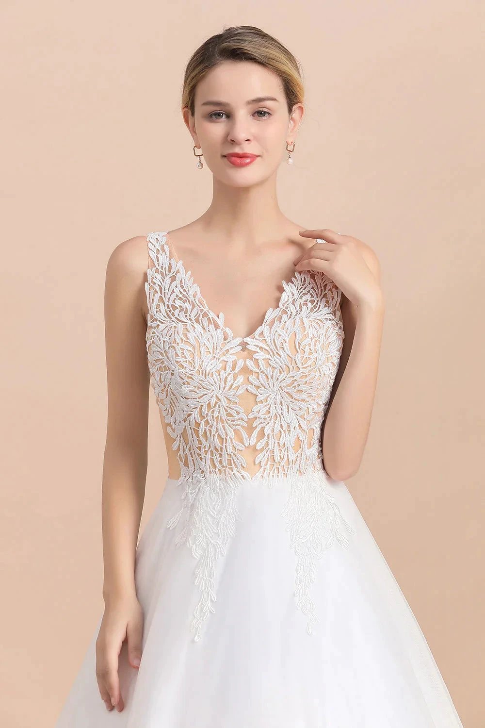 Boho Long A-line V-Neck Straps Tulle Appliques Lace Wedding Dress by BIZTUNNEL