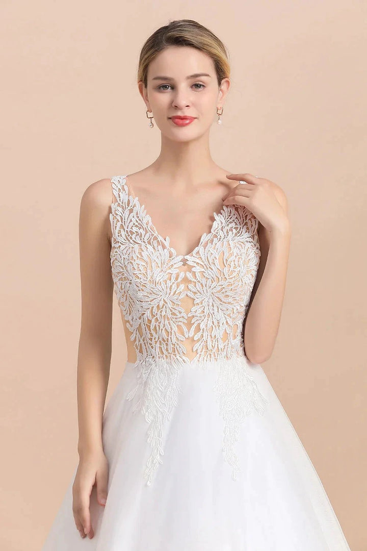 Boho Long A-line V-Neck Straps Tulle Appliques Lace Wedding Dress by BIZTUNNEL