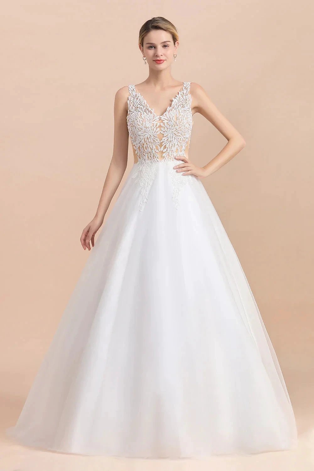 Boho Long A-line V-Neck Straps Tulle Appliques Lace Wedding Dress by BIZTUNNEL