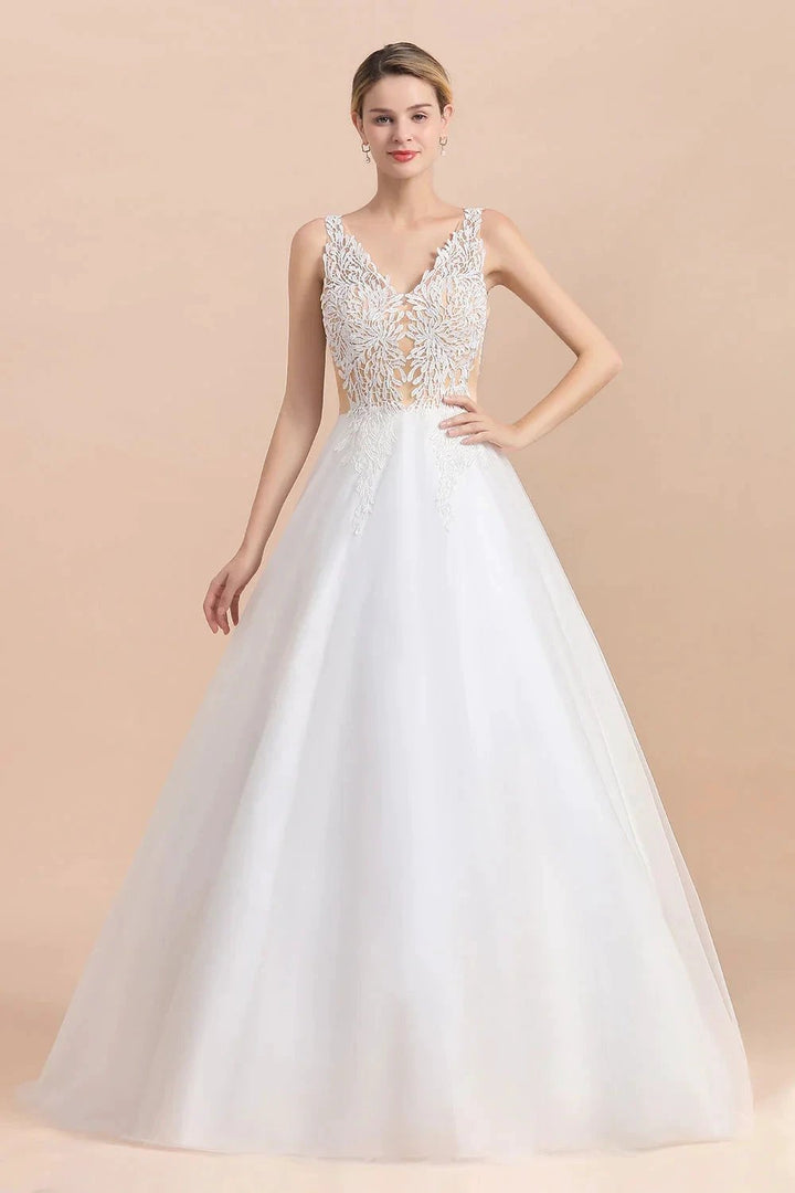 Boho Long A-line V-Neck Straps Tulle Appliques Lace Wedding Dress by BIZTUNNEL