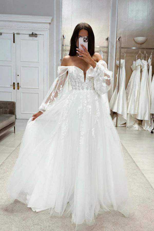 Boho Long White A-line Off-the-shoulder Lace Wedding Dresses with Long Sleeves by misshow.com
