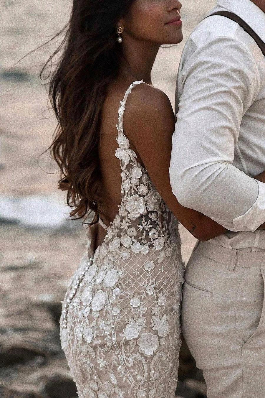 Boho Sleeveless Floral Mermaid Wedding Dress Backless Bridal Gown by misshow.com