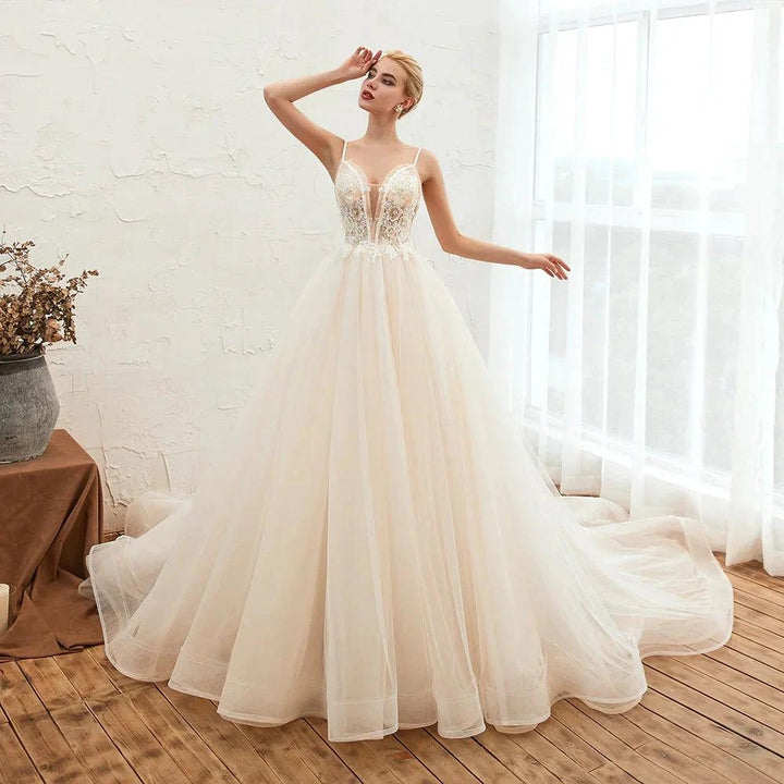 Boho Spaghetti Straps Ivory Ball Gown Tulle Aline Wedding Dress by misshow.com