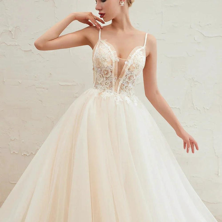Boho Spaghetti Straps Ivory Ball Gown Tulle Aline Wedding Dress by misshow.com