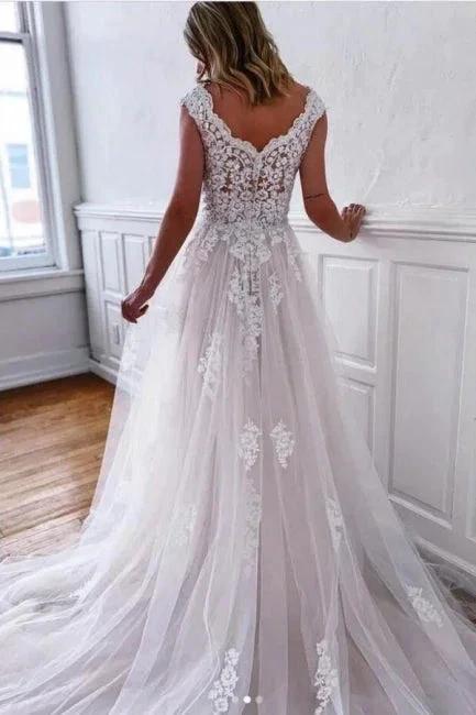 Boho White A-Line Sleeveless Wedding Dresses With Lace by misshow.com