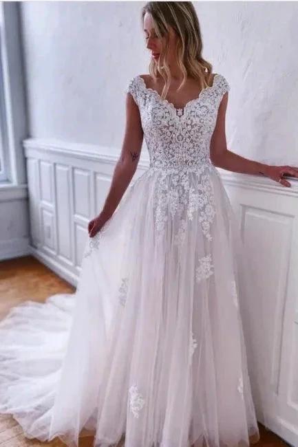Boho White A-Line Sleeveless Wedding Dresses With Lace by misshow.com